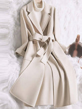 Aurohaya Long Cotton Coat Belted Oversized Women’s Lapel Collar Jacket with Pockets